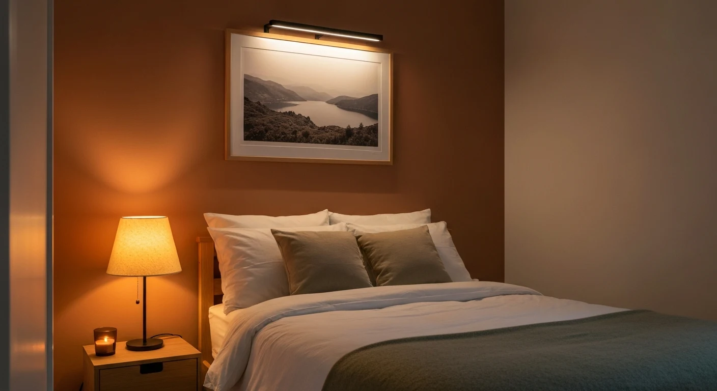 A small bedroom at dusk lit only by three warm light sources: a bedside lamp with a linen shade glowing amber, a picture light above a framed landscape print over the bed, and a small candle on a nigh