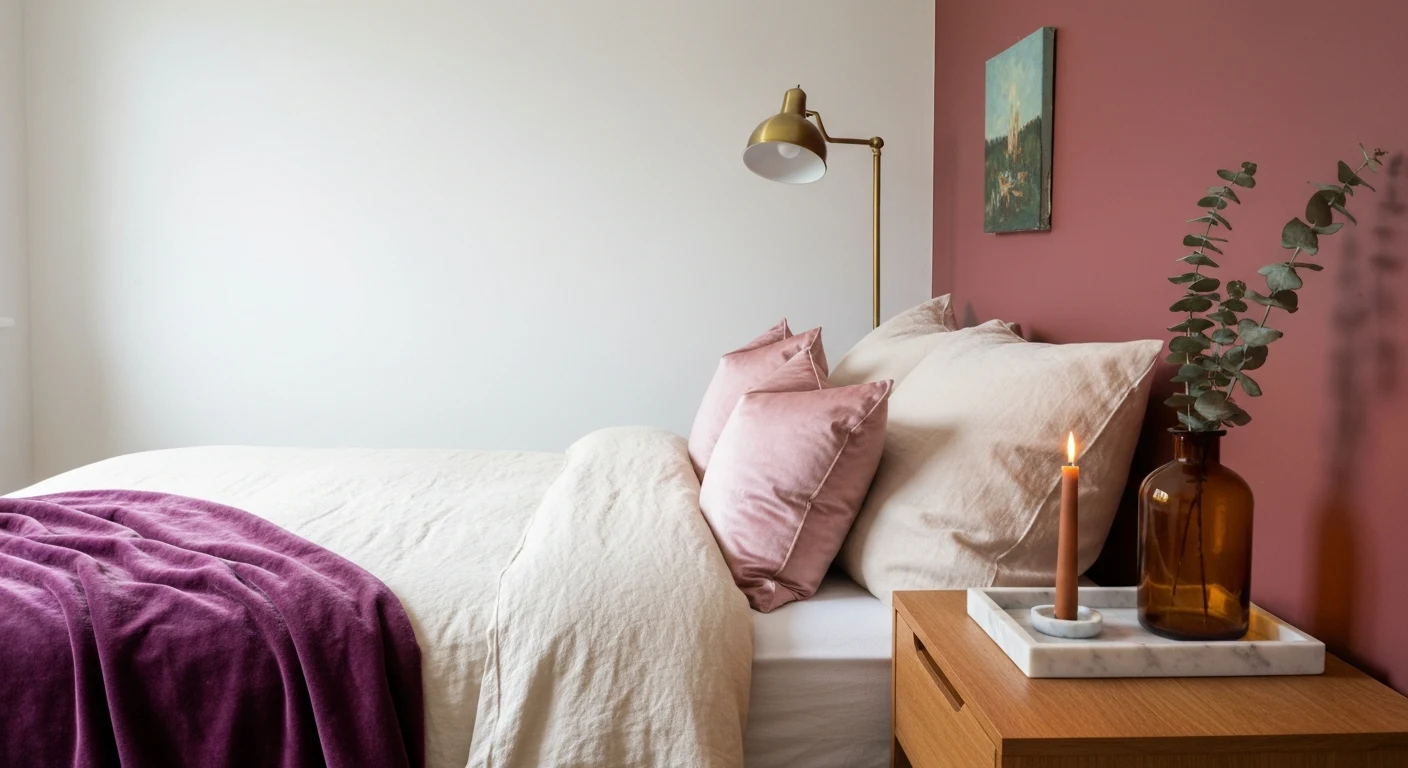 A small bedroom vignette with oxblood-painted accent wall behind a queen bed, cream linen bedding layered with a plum velvet throw and two silk pillows in blush pink, a vintage brass floor lamp, and a