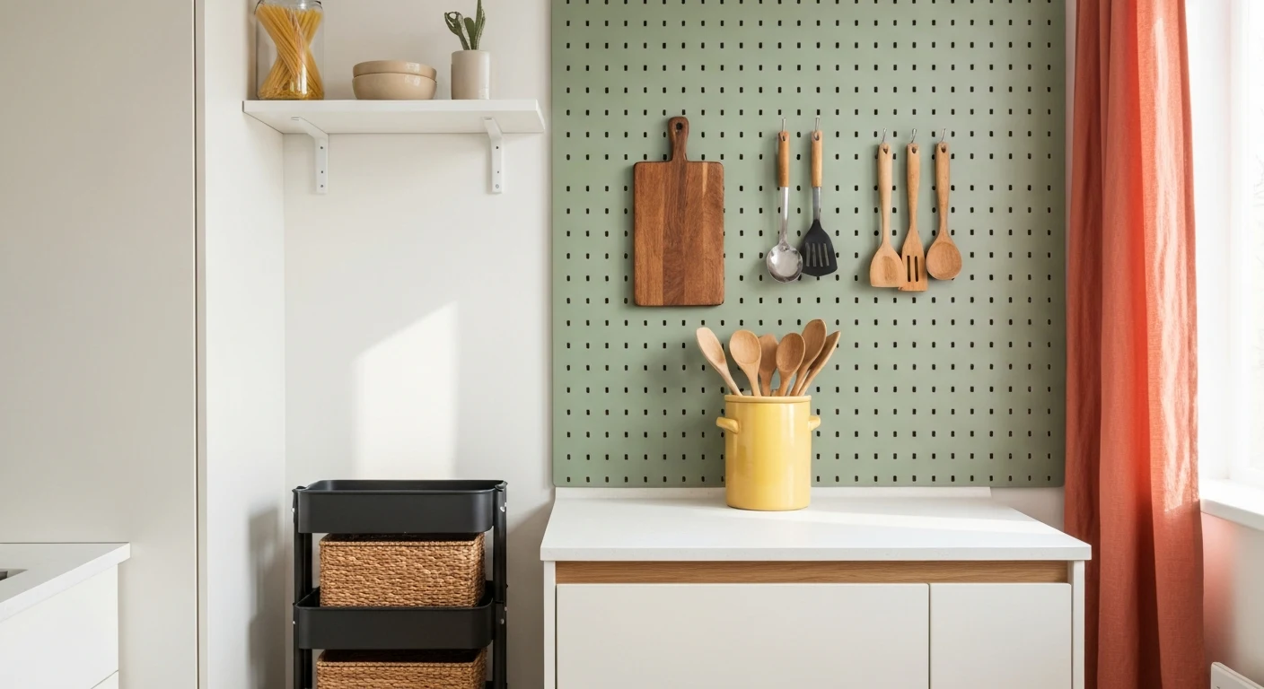 A bright modern small apartment kitchen around 80 square feet with a sage green pegboard wall holding hanging utensils and a wooden cutting board, a butter yellow ceramic crock on the counter holding 