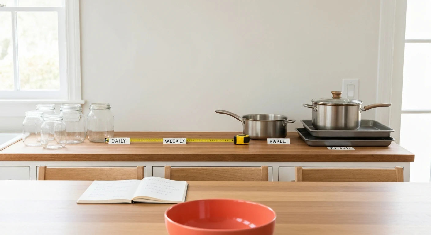 Counter and dining table covered with sorted kitchen items — three labeled piles on a wood butcher-block counter with handwritten paper labels reading "DAILY" "WEEKLY" "RARELY