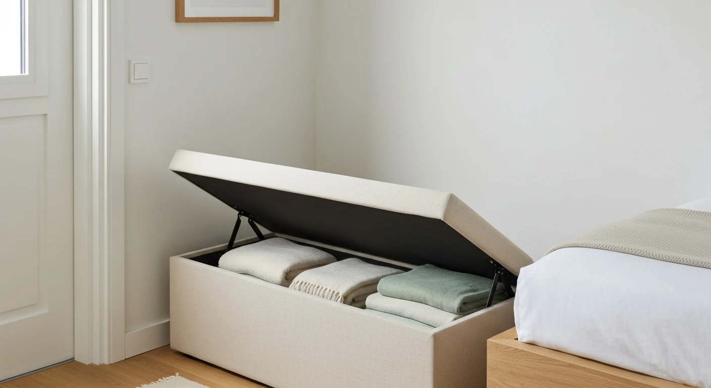 A rectangular lift-top storage ottoman with the padded lid open, showing neatly folded cream and sage throw blankets and bed linens stored inside, positioned at the foot of a bed in a small bright bed