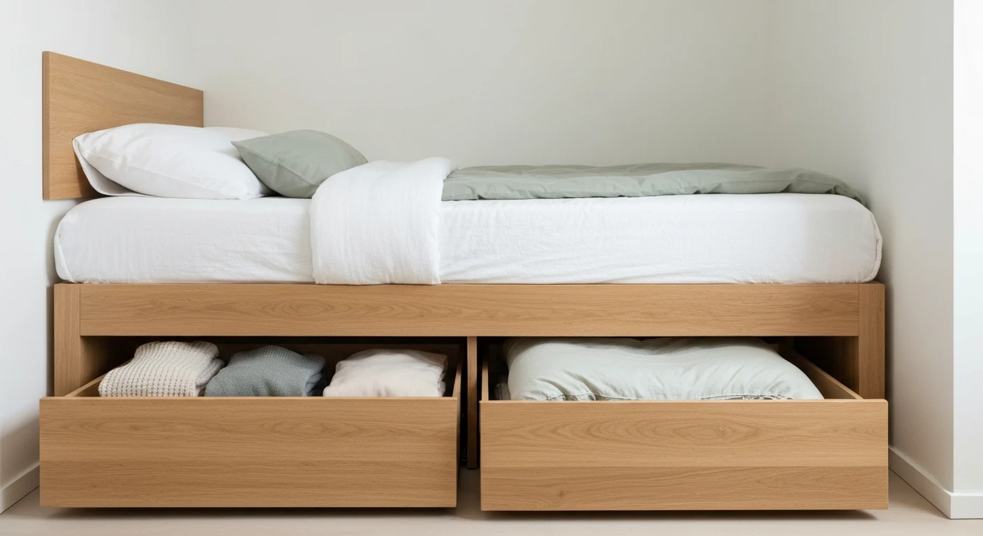 A low platform storage bed in a small bright bedroom with two large built-in drawers pulled open in the base, showing neatly folded out-of-season clothing and a spare duvet, light oak frame, white and