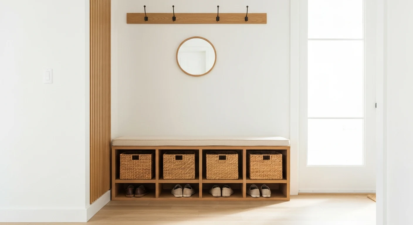 A wood entryway storage bench against a wall with a cushioned top seat and open lower cubbies holding woven baskets and a neat row of shoes, a small round mirror and three wall hooks above it, bright 