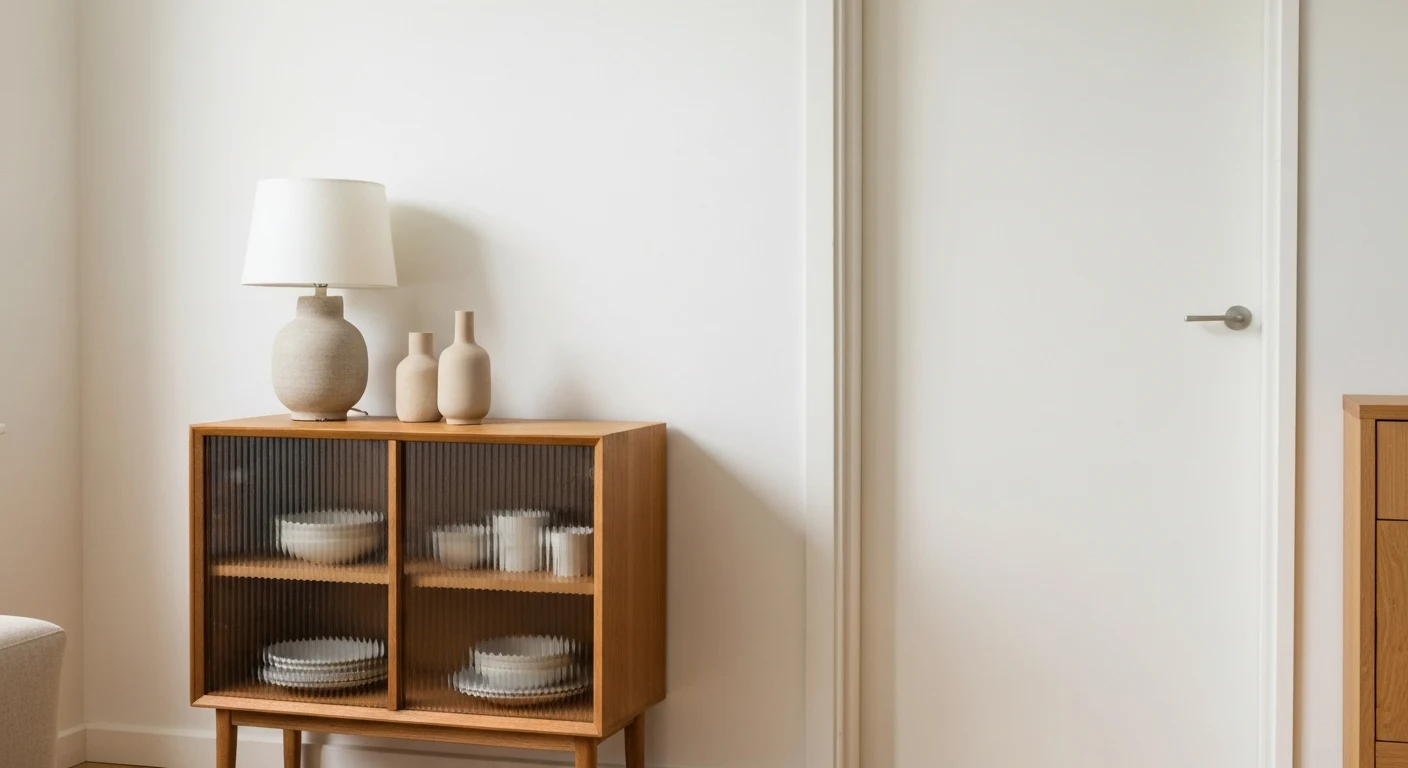 A small wood sideboard cabinet with fluted-glass front doors standing along a living room wall, styled with a ceramic lamp and two vases on top, dishware visible behind the textured glass, warm minima
