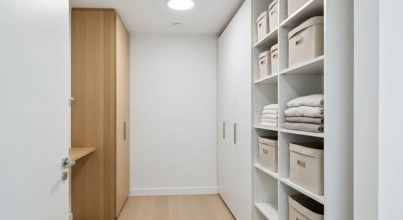 A small windowless den room converted into a storage zone, one wall lined with a tall freestanding white wardrobe and open shelving holding labeled storage bins and folded linens, a narrow walkway in 