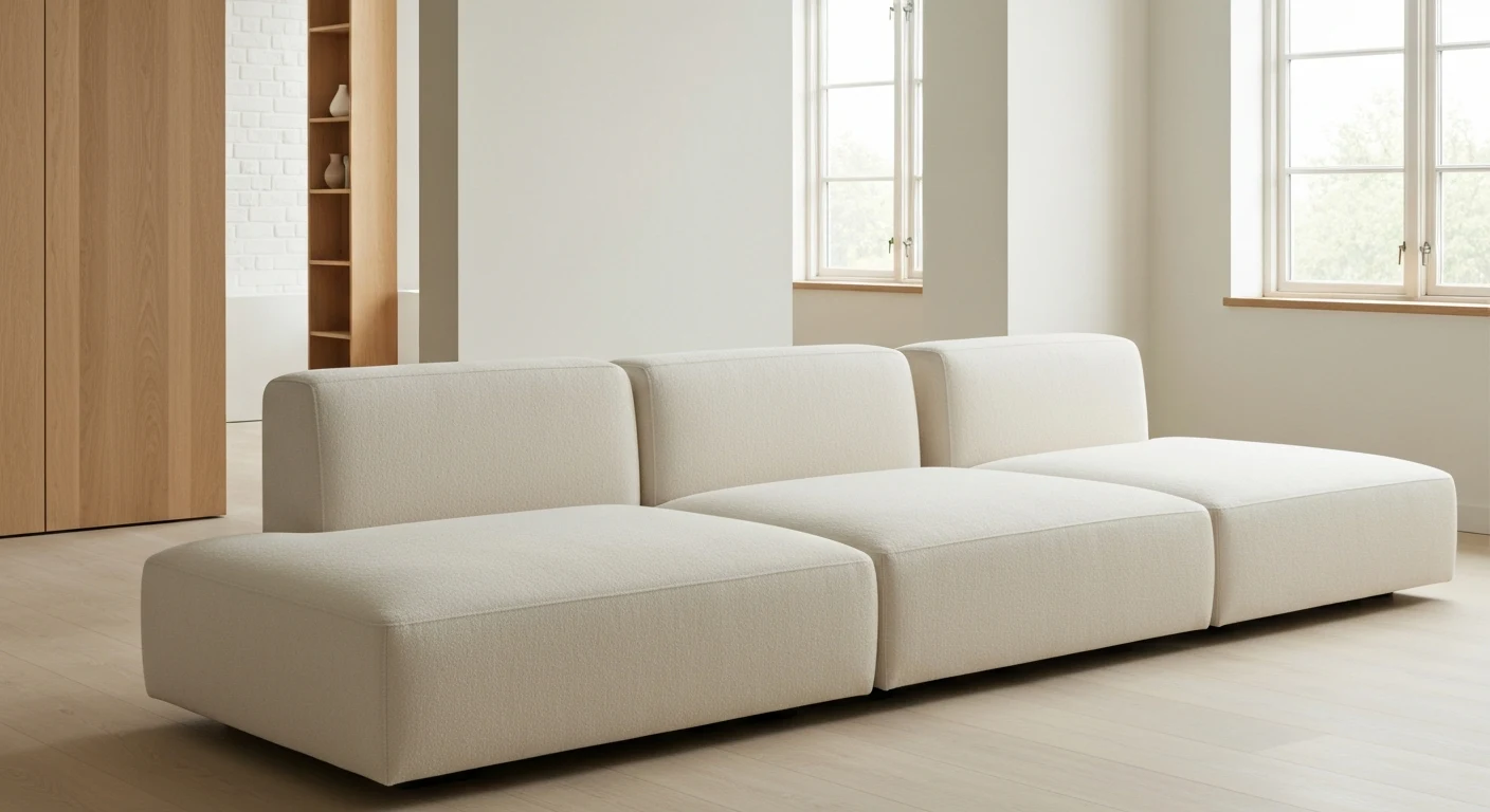 A modular sofa arranged in a small L-shaped living room corner with a coffee table and natural light