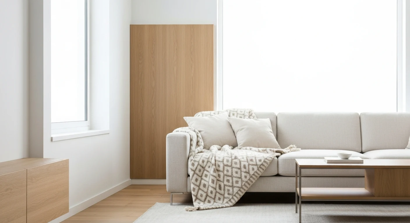 A small sectional sofa in a cozy apartment living room corner with a throw blanket and coffee table