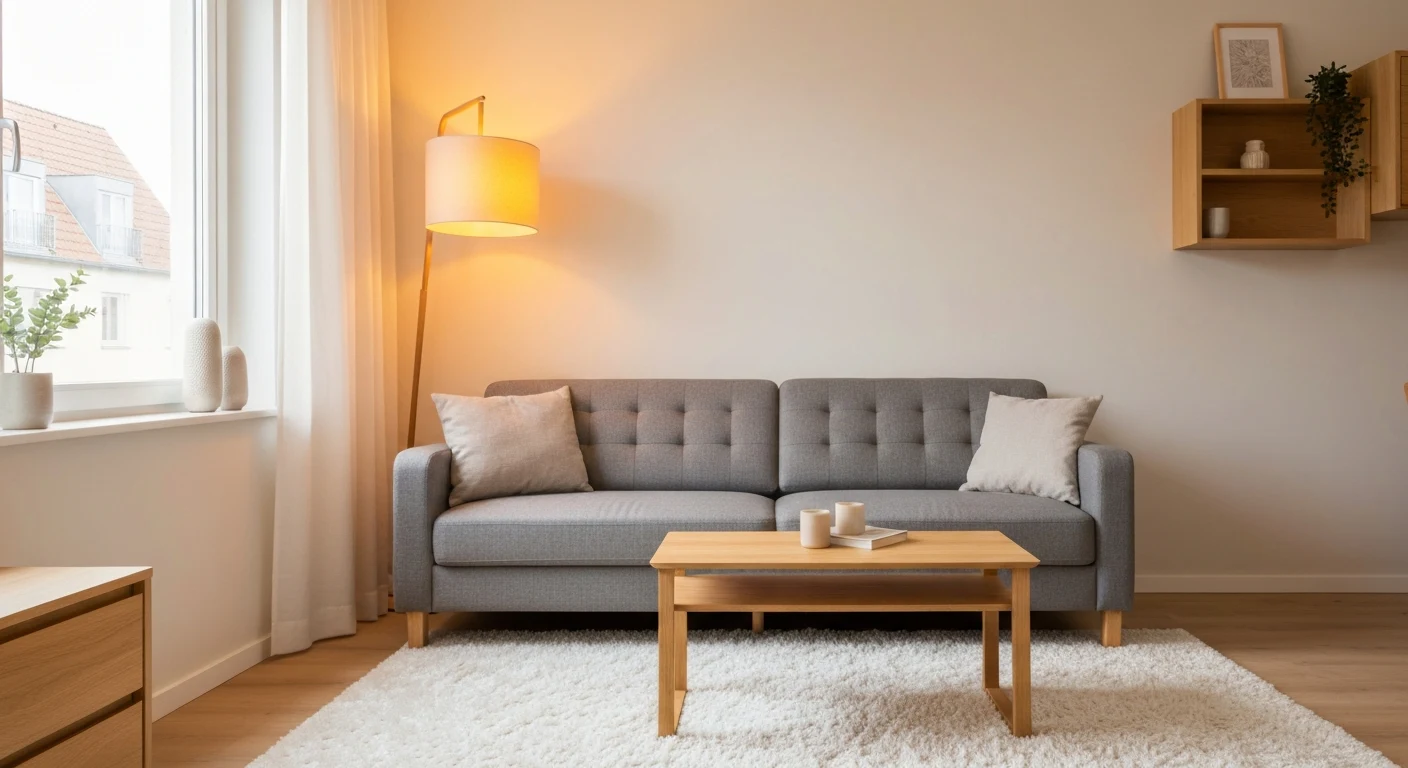 A small living room with a sofa, rug, and warm floor lamp in a cozy apartment setup