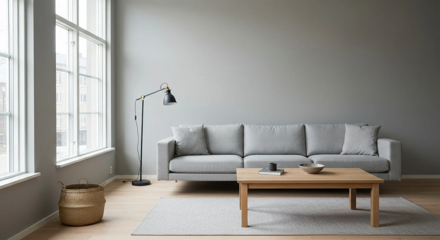 A renter-friendly small living room with a neutral sofa and removable wall art above it