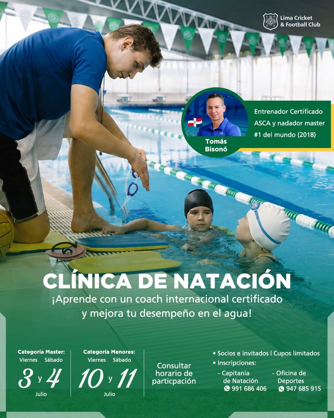 Clínica de Natación con Tomás Bisonó en Lima Cricket & Football Club, Lima, Perú — julio 2026.