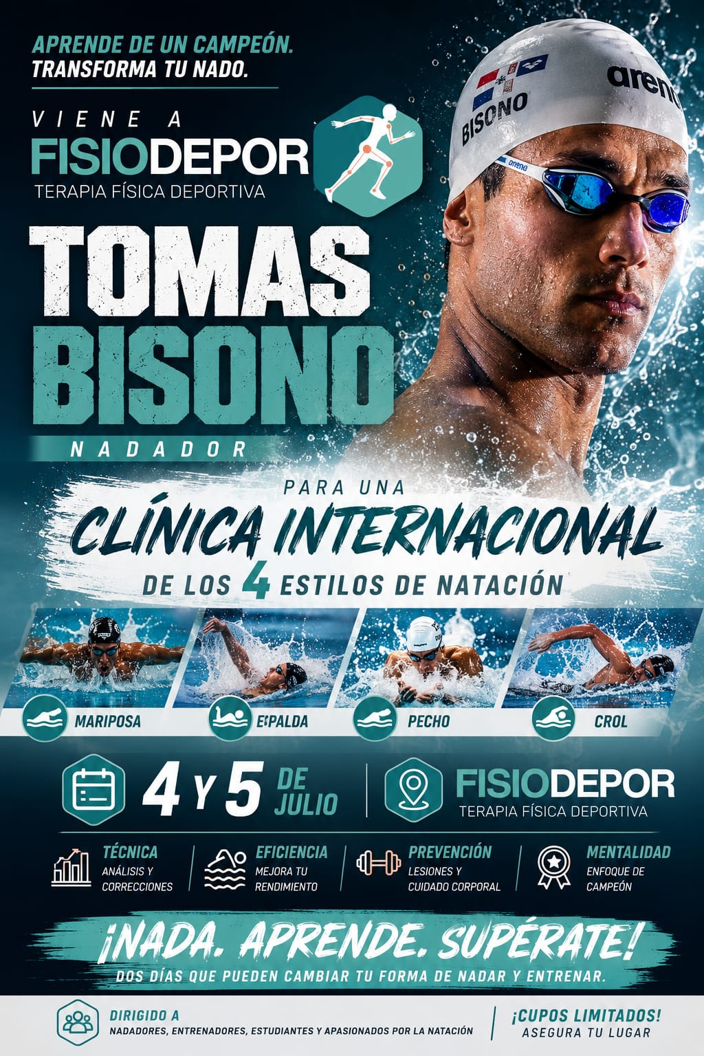 Flyer: Clínica Internacional de Natación con Tomas Bisono, 4 estilos, 4-5 julio en Fisiodepor. Cupos limitados.