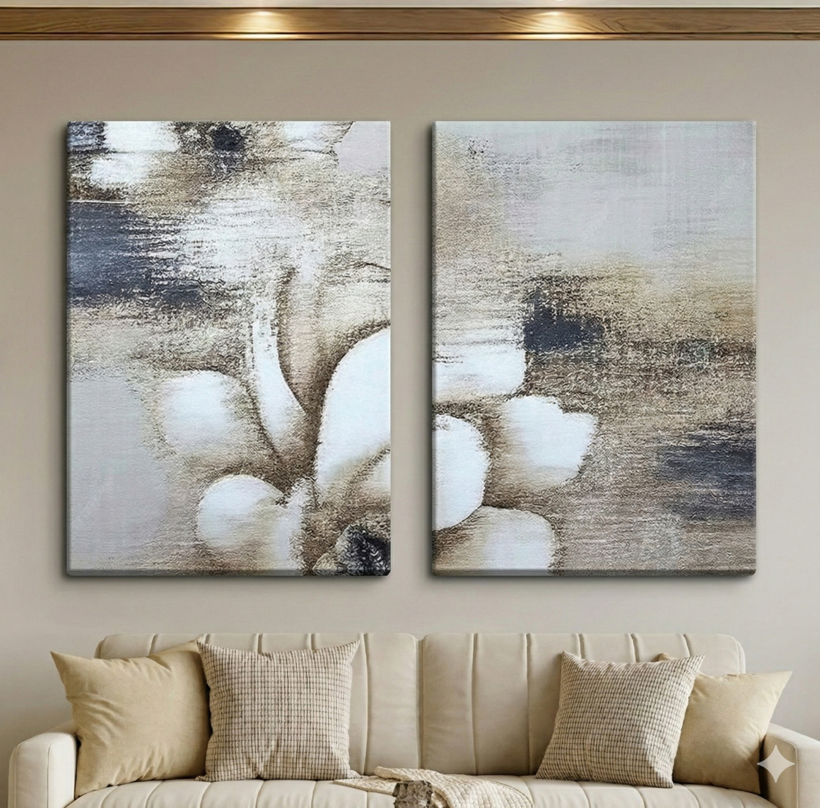 Tableau Diptyque Abstrait Floral Beige et Gris