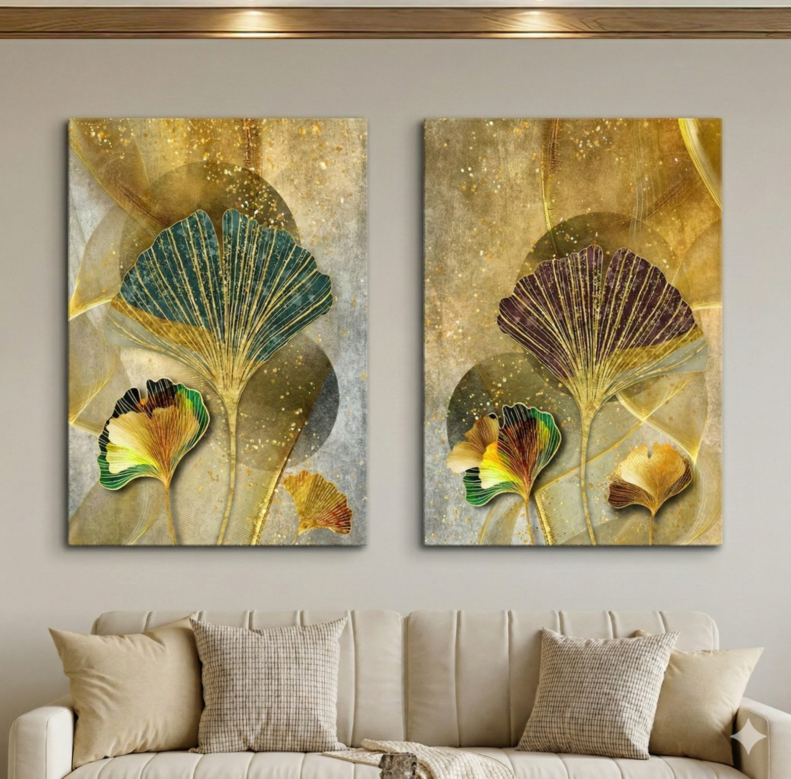 Tableau Diptyque Feuilles de Ginkgo Vertes et Dorées