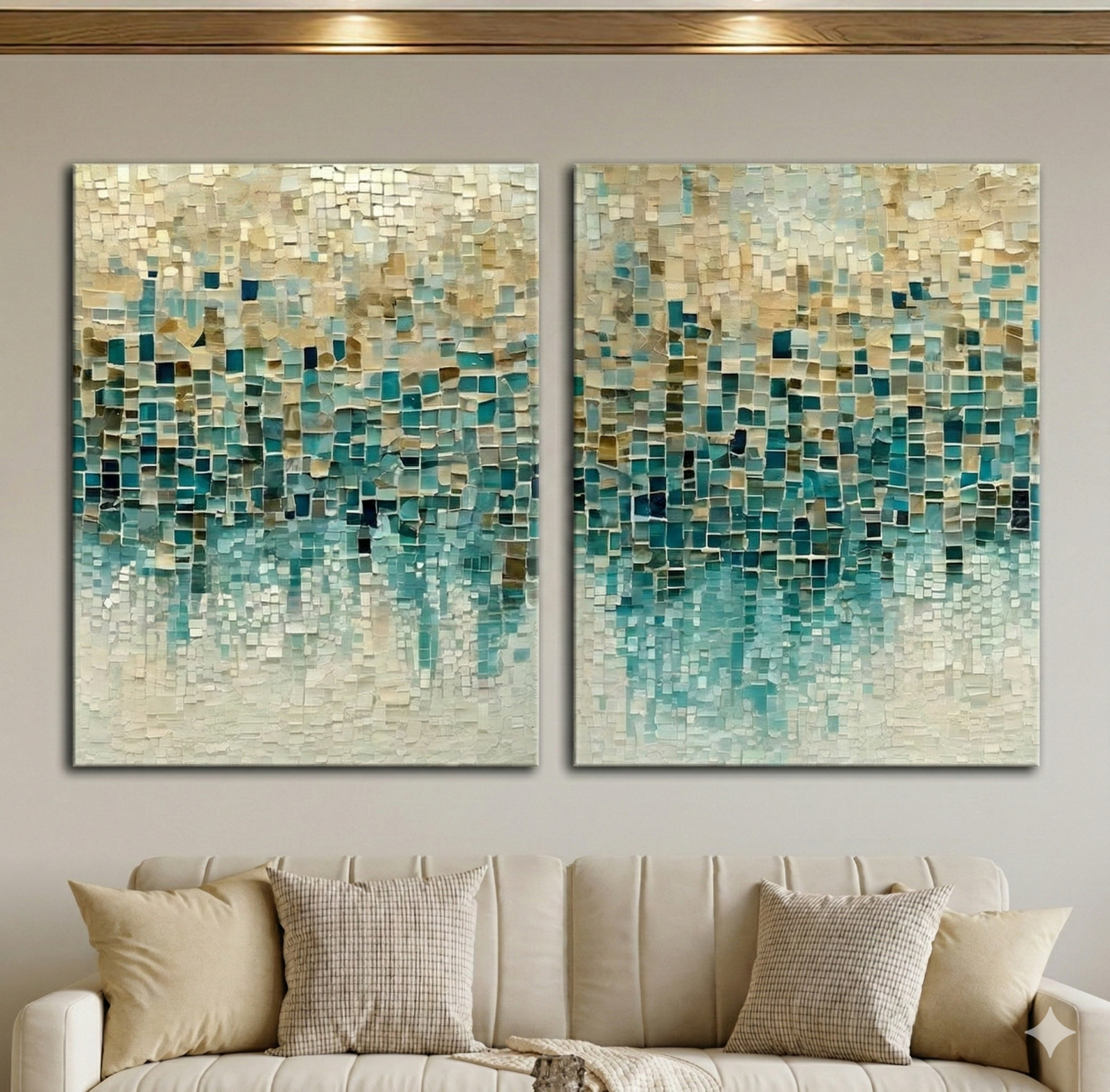 Tableau Diptyque Mosaïque Abstrait Turquoise et Beige