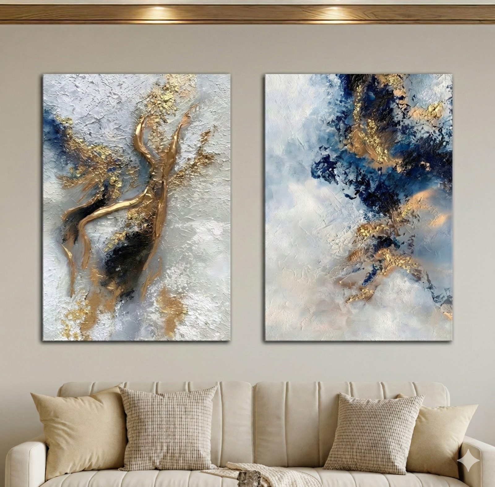 Tableau Diptyque Fluide Abstrait Bleu et Or