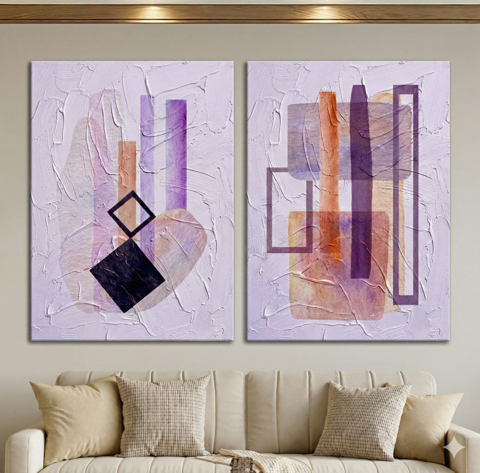 Tableau Diptyque Géométrique Abstrait Violet et Noir