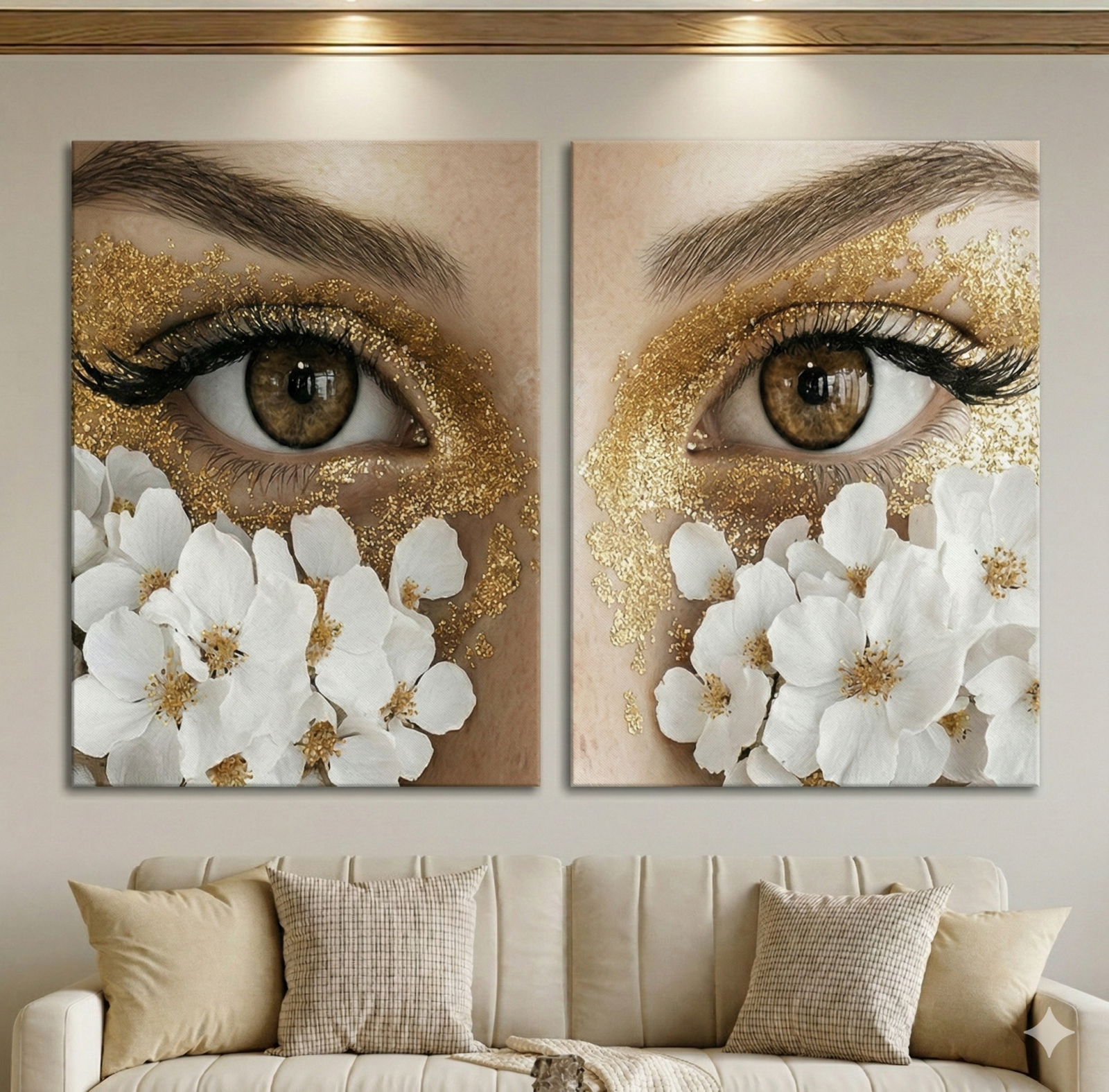 Tableau Diptyque Regard de Femme Fleurs Blanches et Or