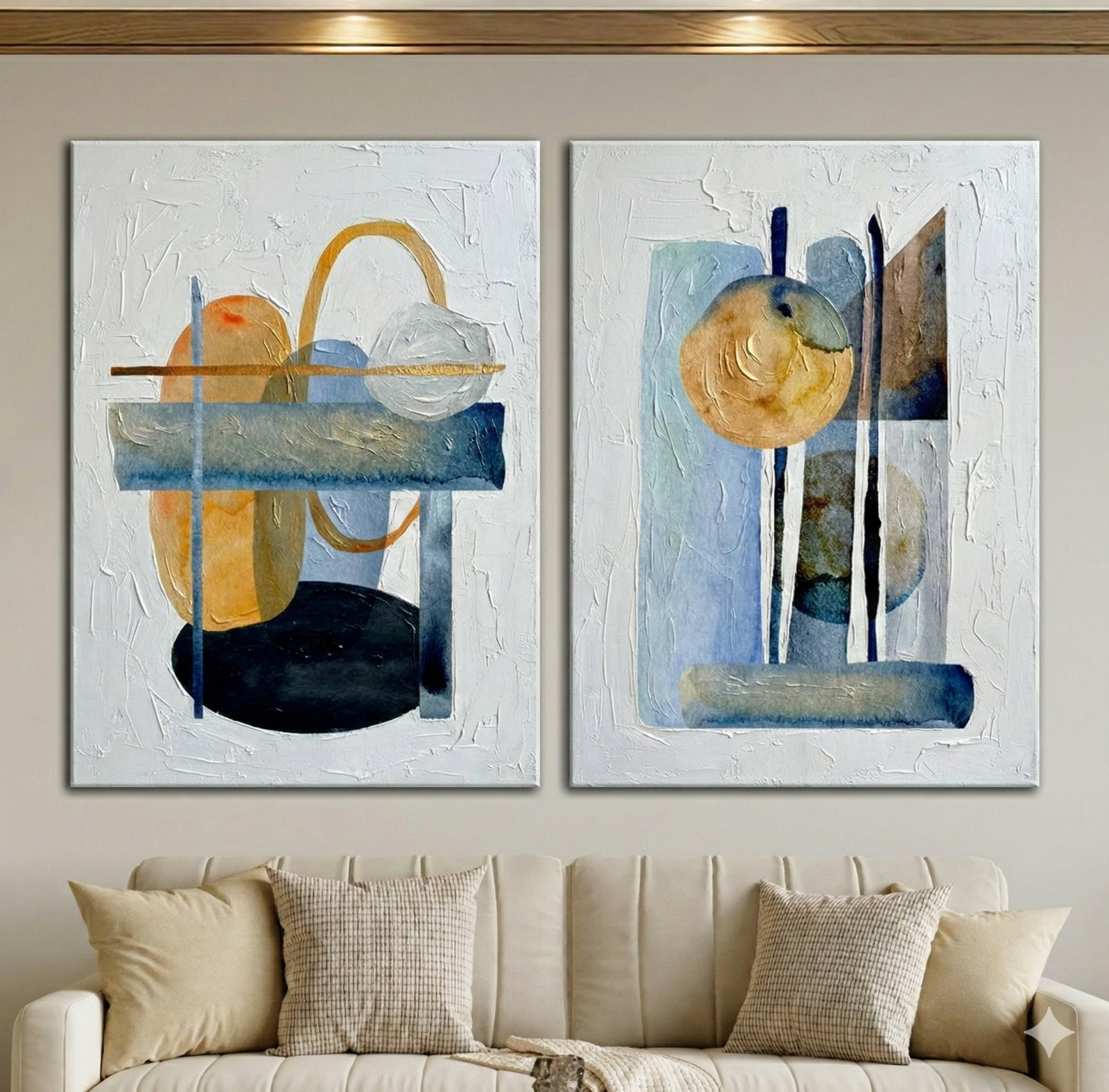Tableau Diptyque Abstrait Formes Rondes Bleu et Jaune