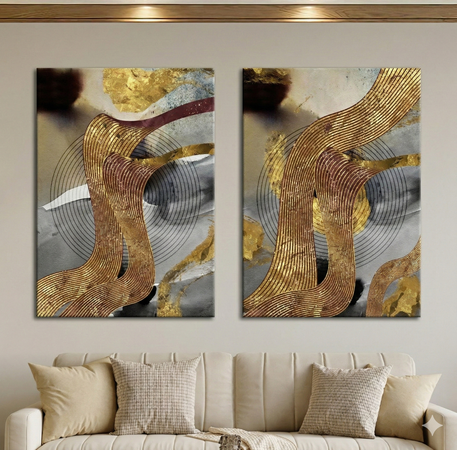 Tableau Diptyque Lignes Ondulées Dorées Abstrait