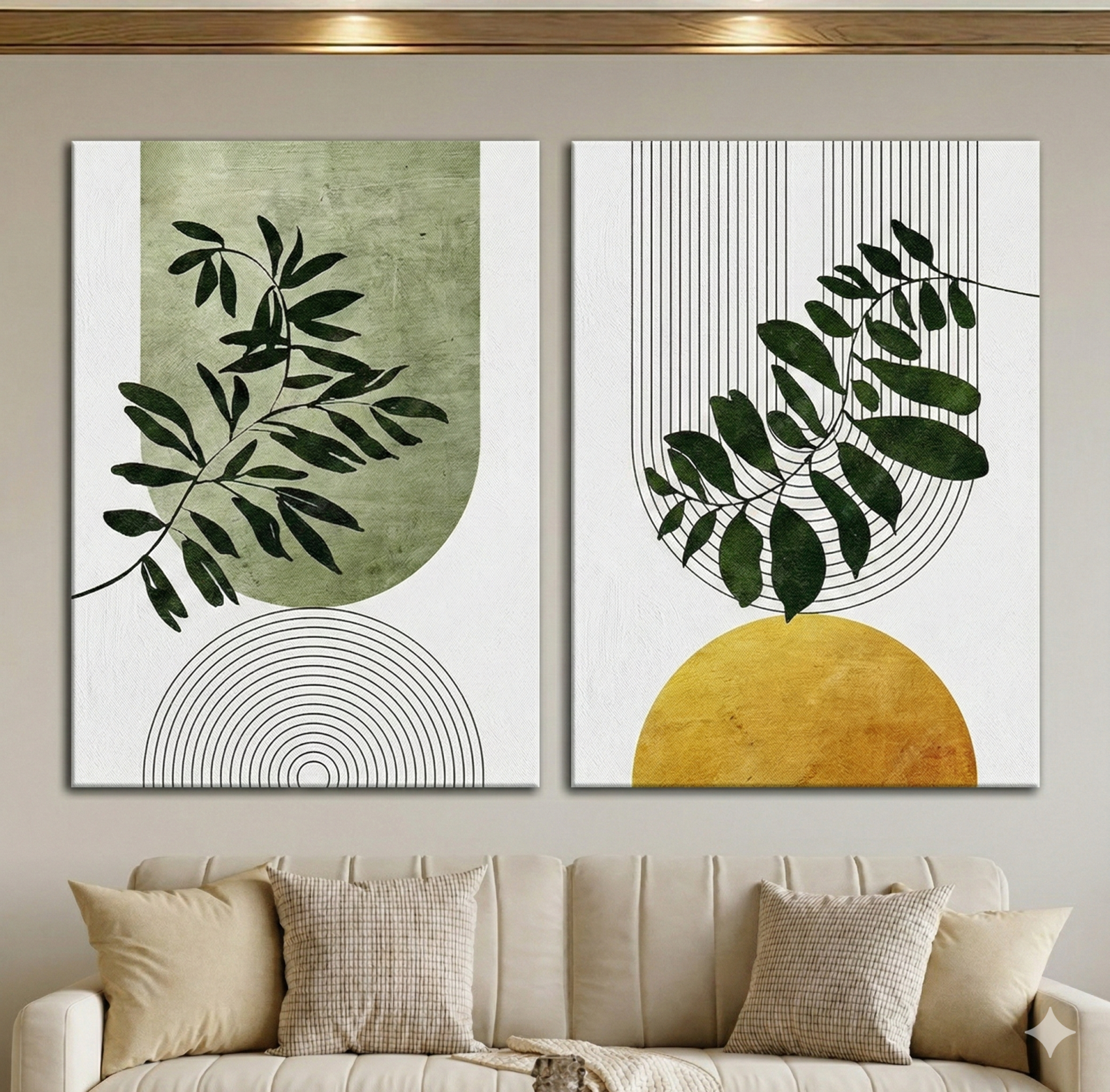 Tableau Diptyque Boho Feuillage Vert et Jaune Moutarde