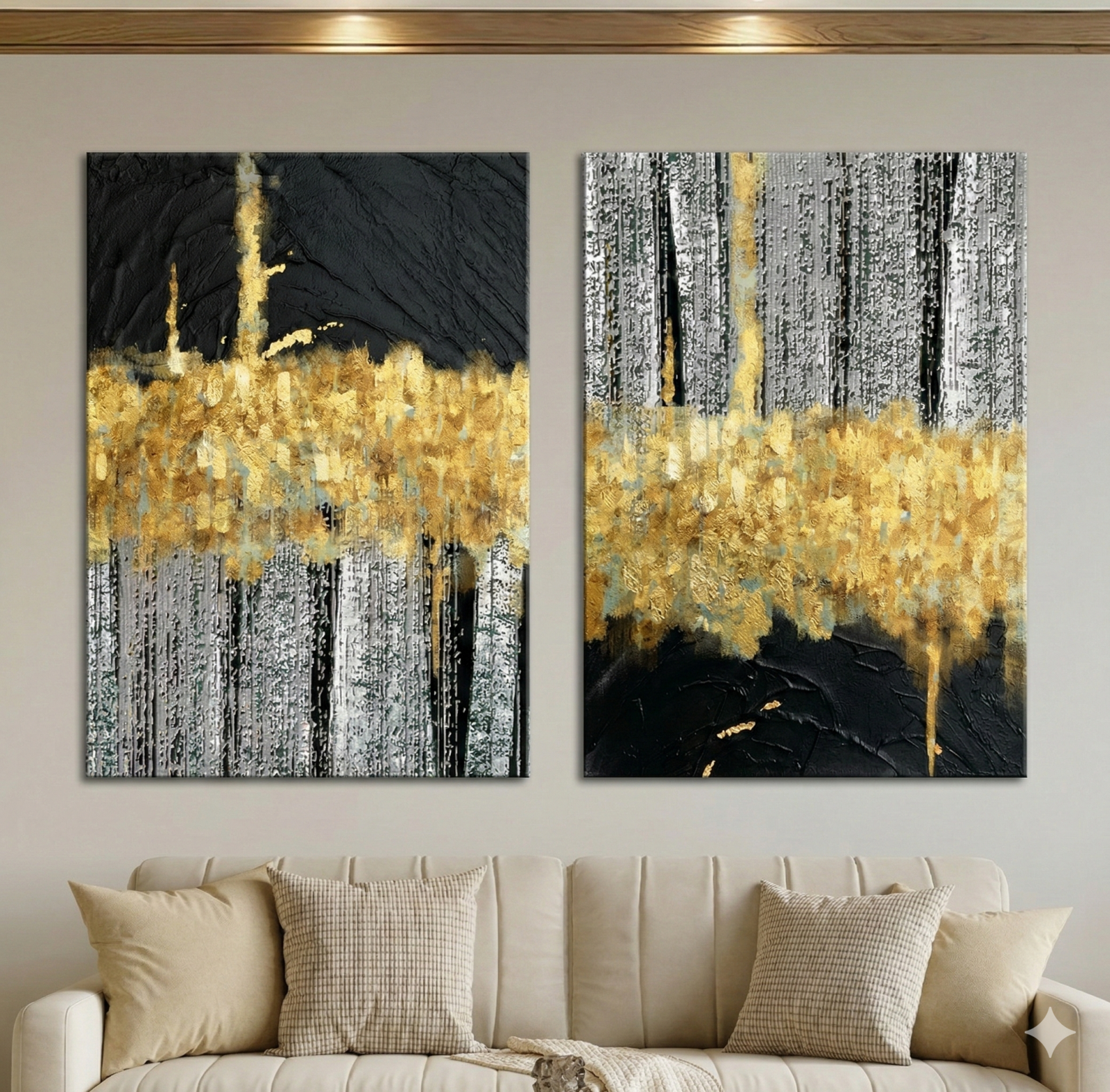 Tableau Diptyque Abstrait Noir Or et Argent Texturé