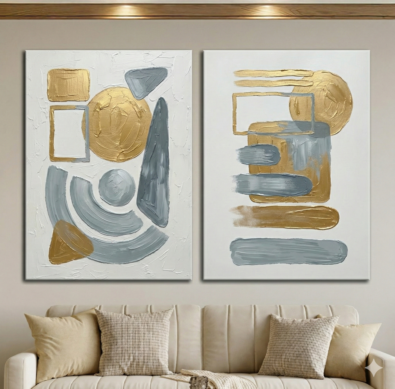 Tableau Diptyque Abstrait Géométrique Or et Gris Clair