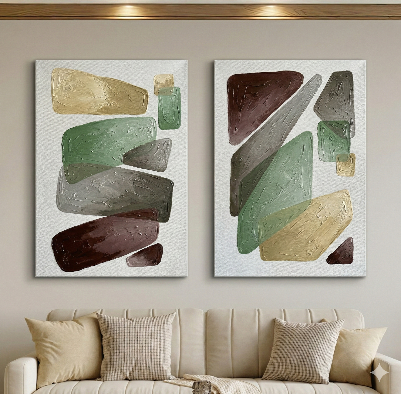 Tableau Diptyque Abstrait Tons de Terre Vert et Marron