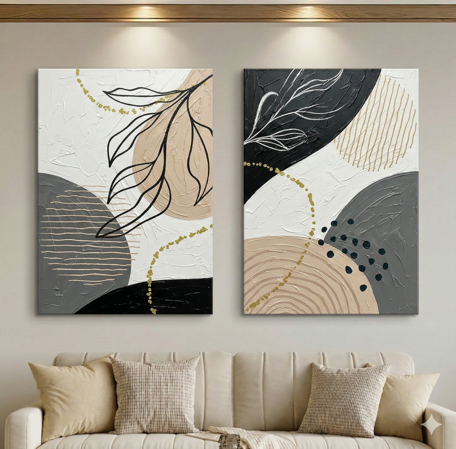 Tableau Diptyque Lignes Fluides et Feuilles Noir et Or