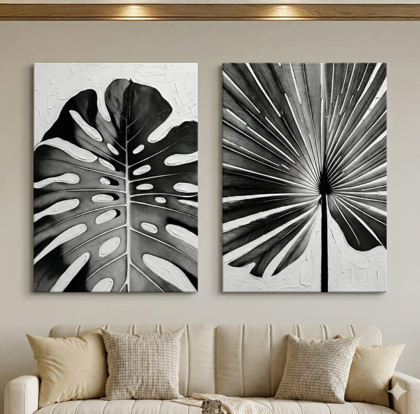 Tableau Diptyque Grandes Feuilles Tropicales Noir et Blanc