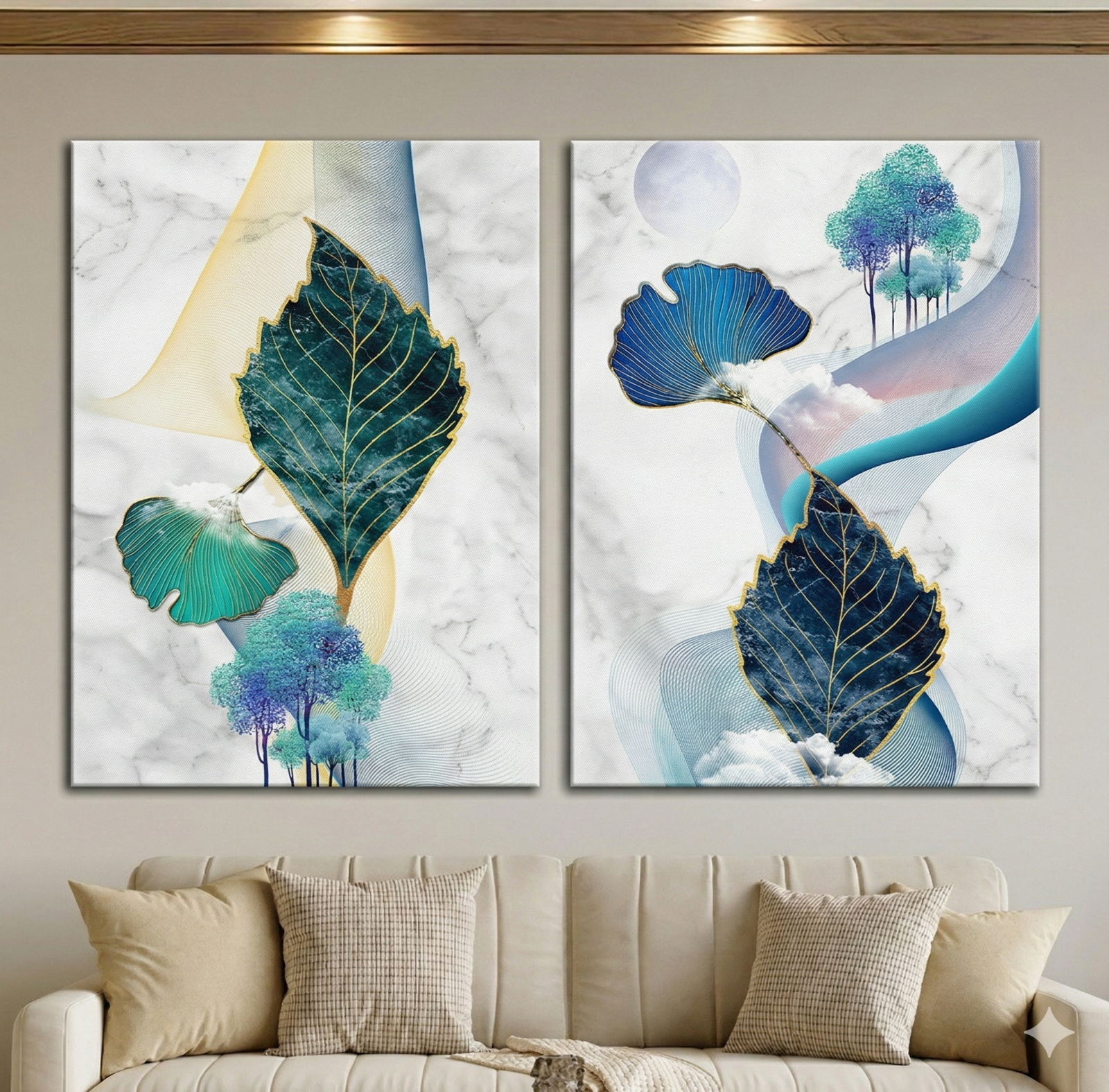 Tableau Diptyque Forêt Mystique Feuilles Vertes et Bleues