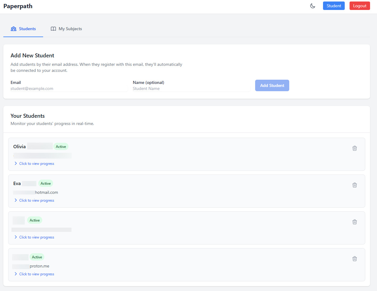 Teacher Dashboard Screenshot