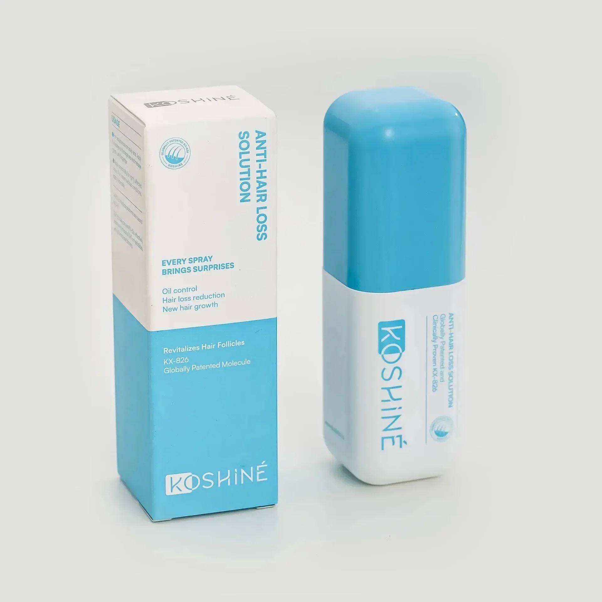 KOSHINÉ 0.5% KX-826 Anti-Hair Loss Solution is suitable for androgenic hair loss and can be used by both men and women（Blue Bottle）