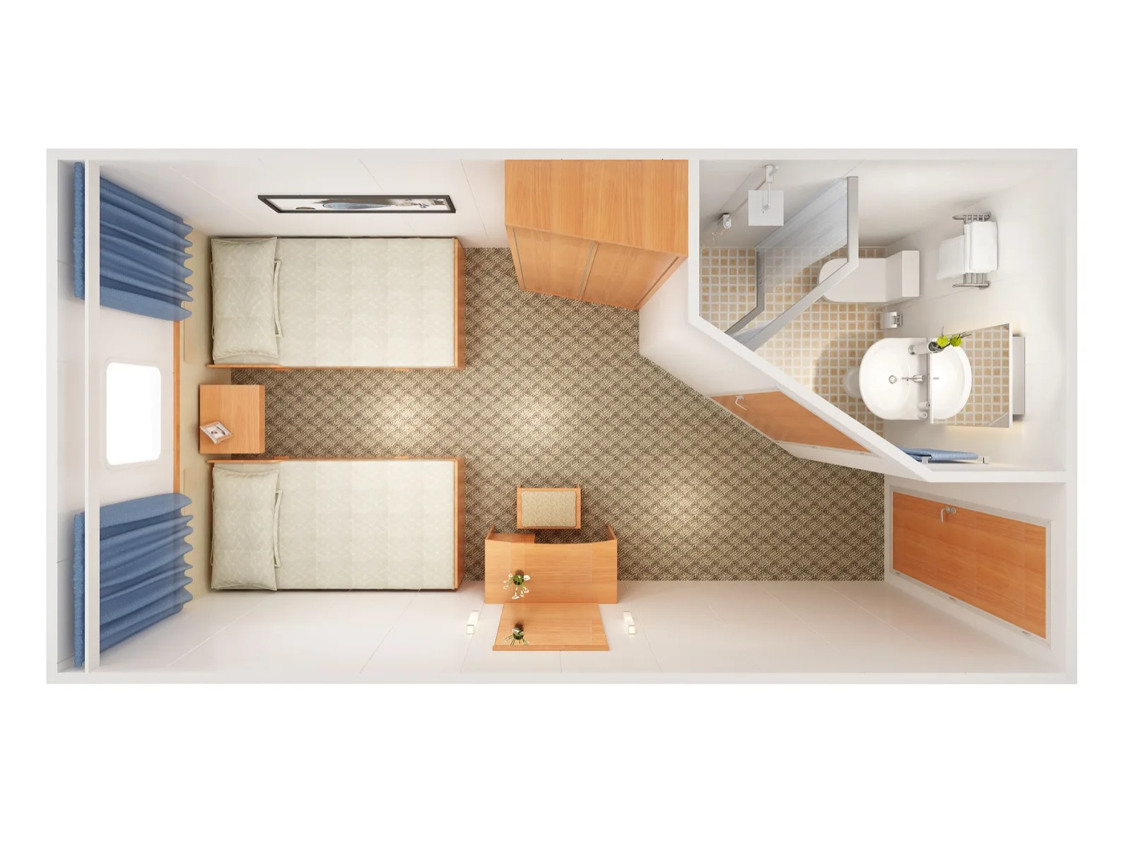 Marine cabin furniture layout with beds, wardrobes, desk and sanitary space