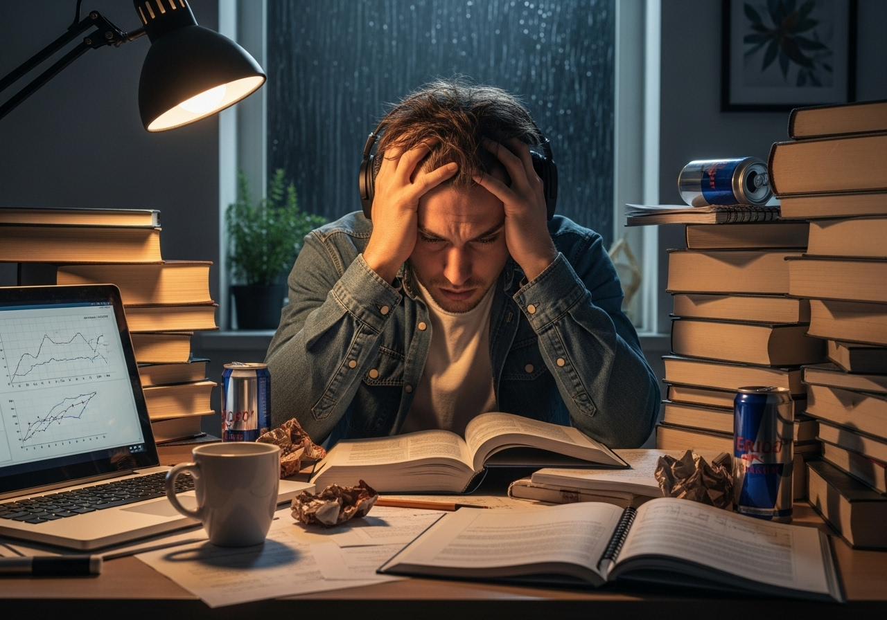 Estudante estressado cercado por muitos livros