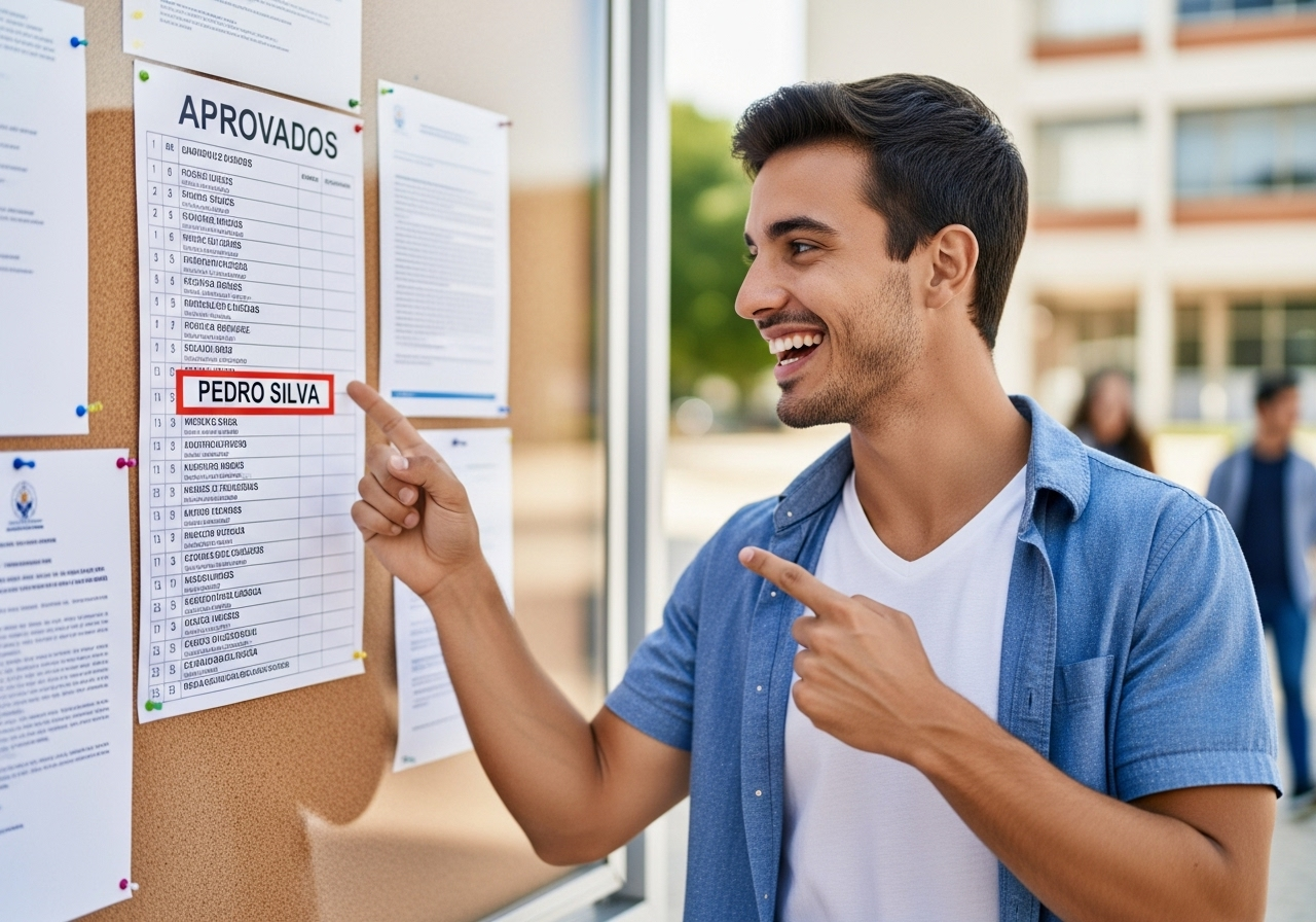 Estudante feliz e confiante vendo o nome na lista de aprovados