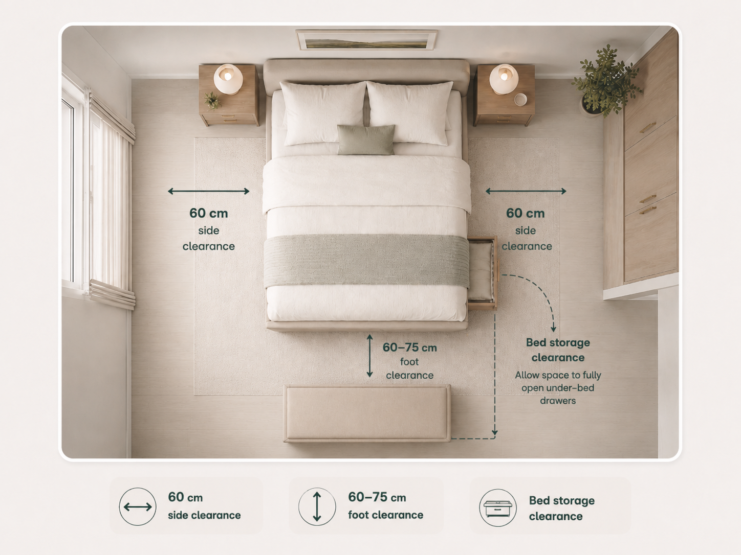 Room planning guide showing recommended clearances for each bed size