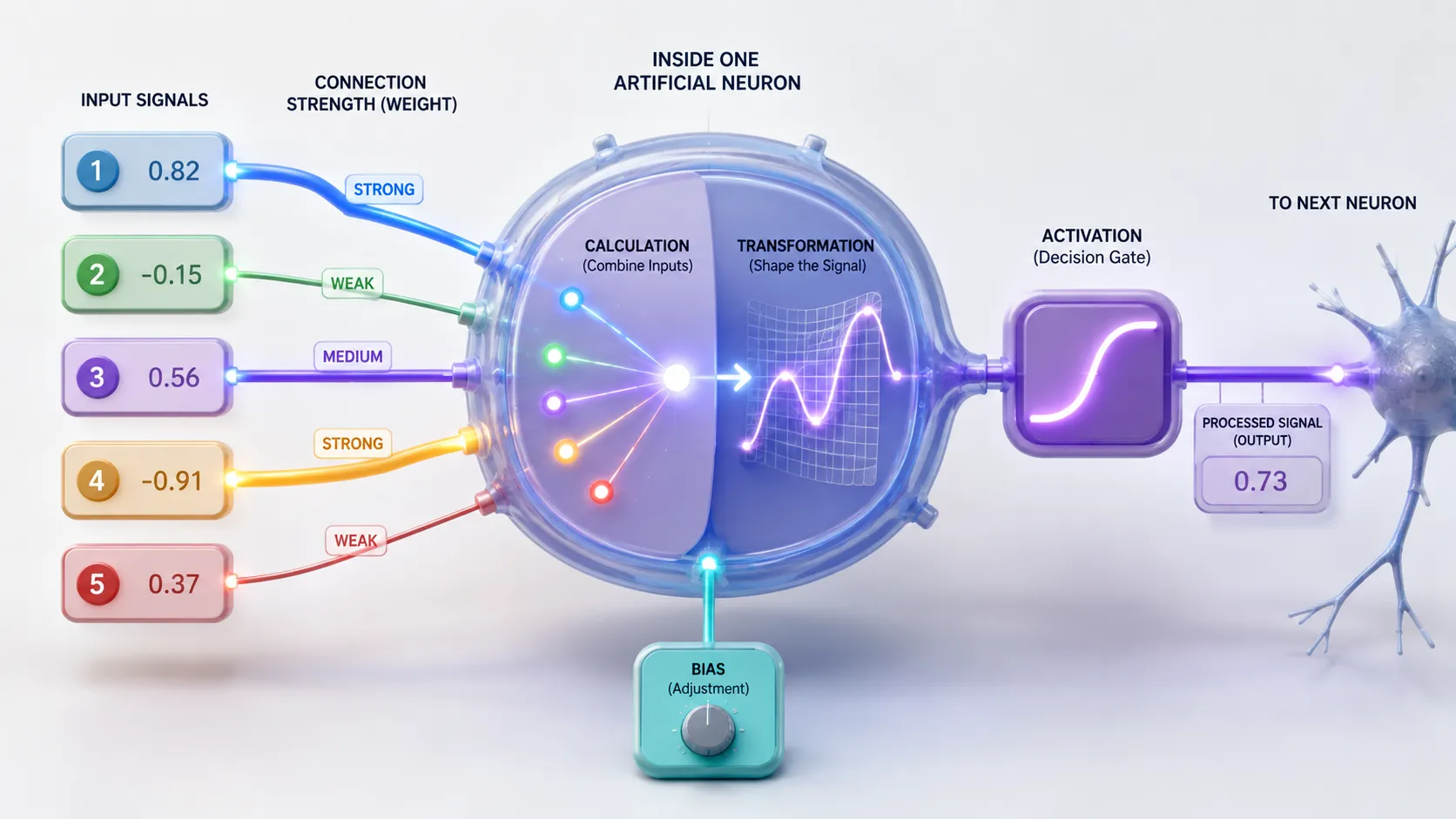 Artificial neuron showing weights bias and activation function