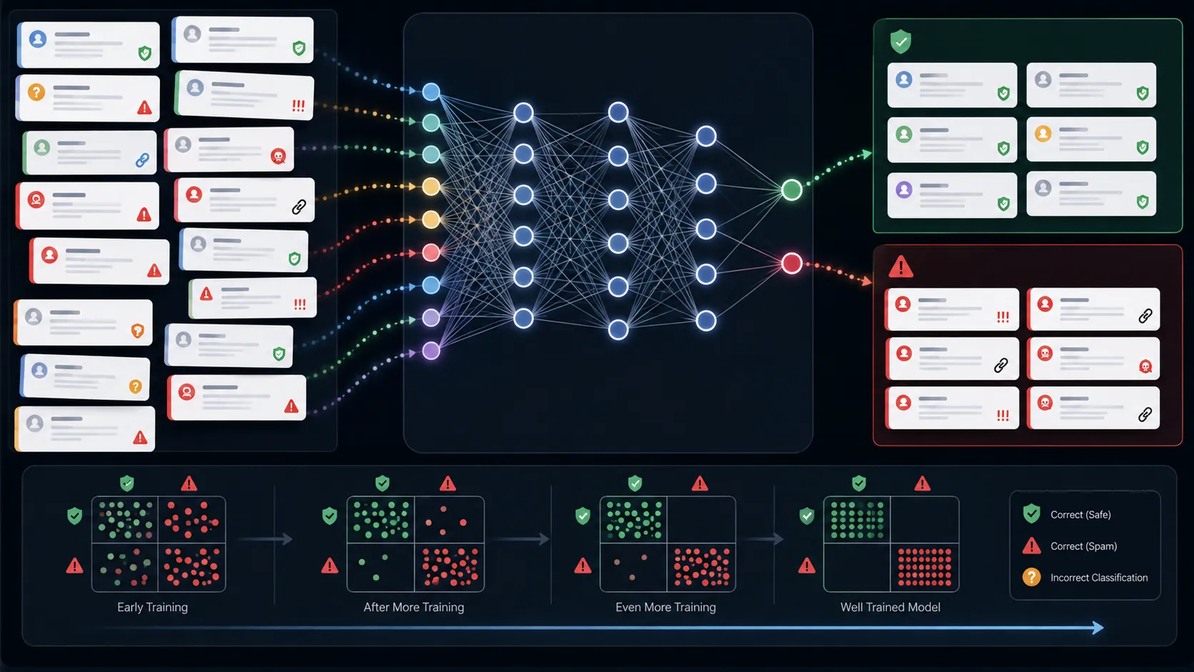 Neural network learning to classify spam and normal emails