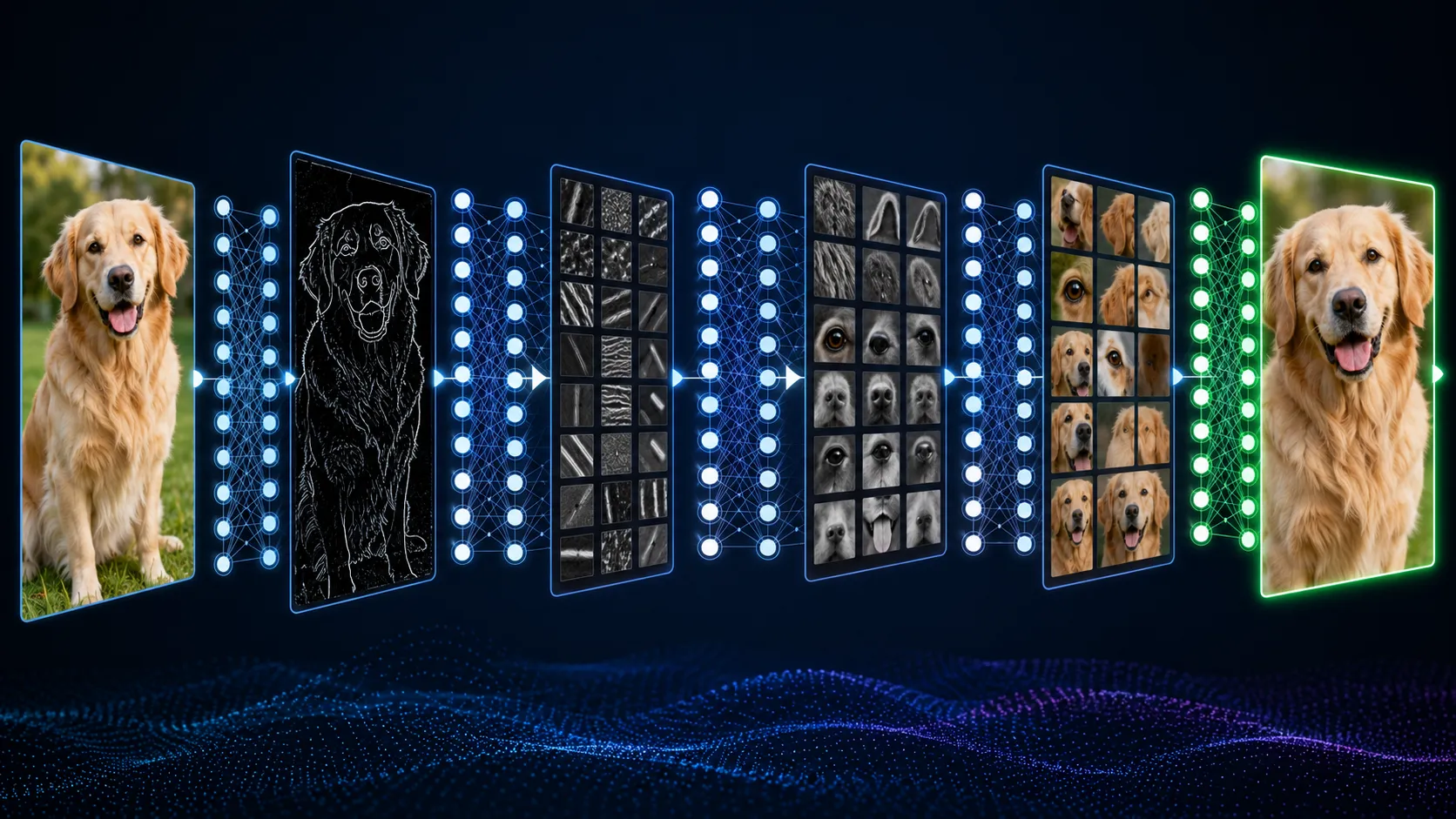 Deep neural network learning image features from edges to a dog