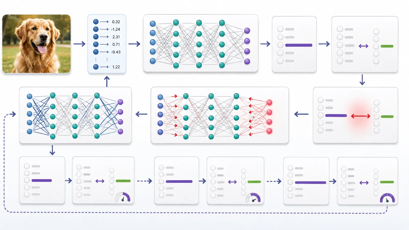 Complete neural network training cycle from input to backpropagation