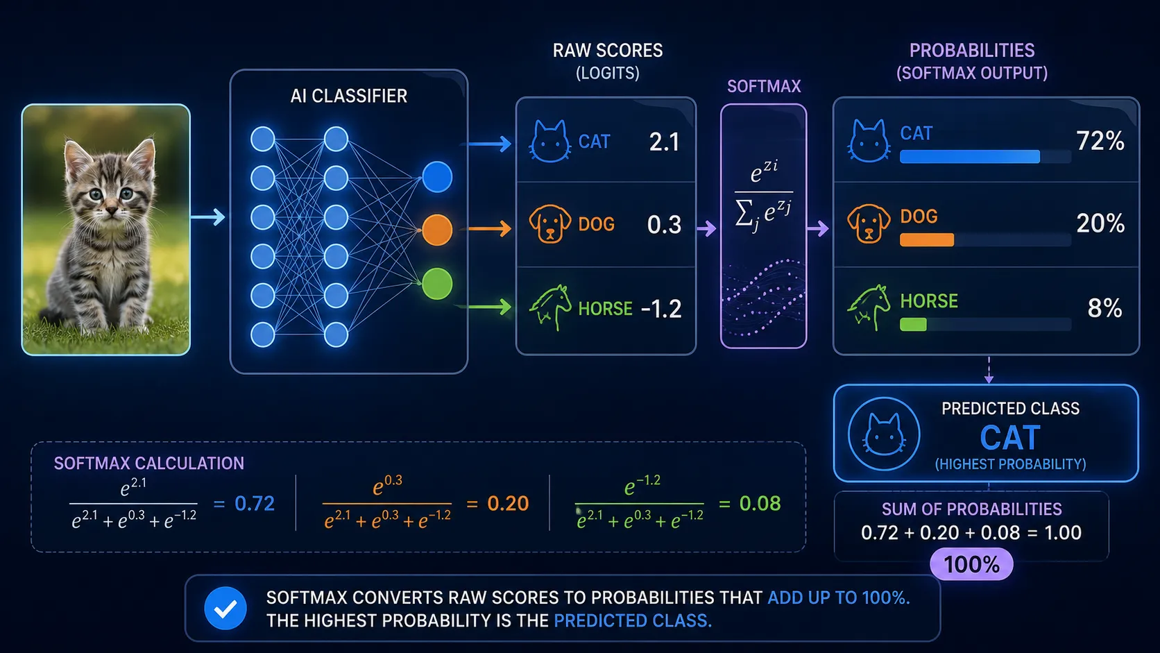 Softmax activation converting class scores into probabilities