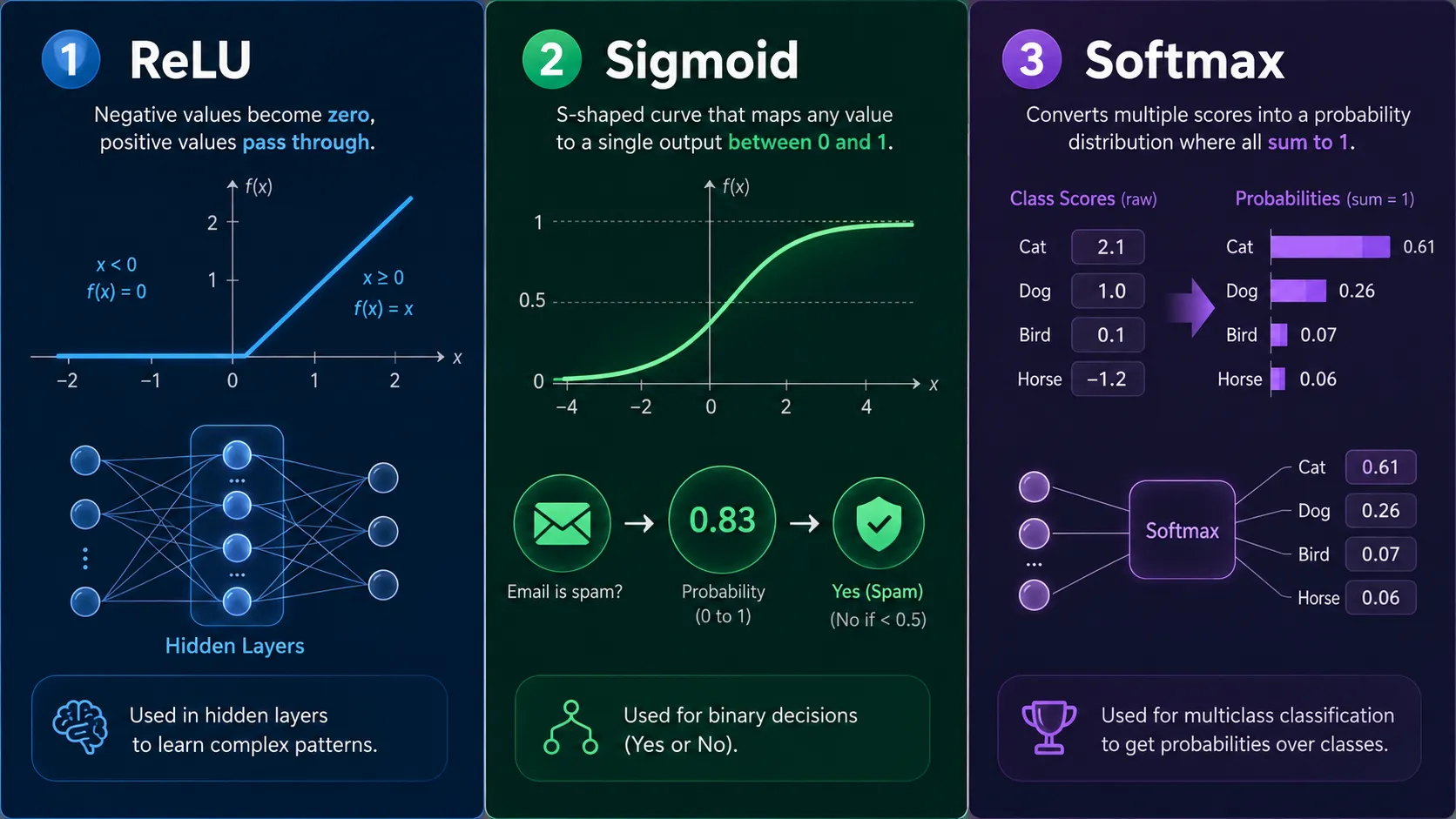 ReLU vs Sigmoid vs Softmax activation functions comparison