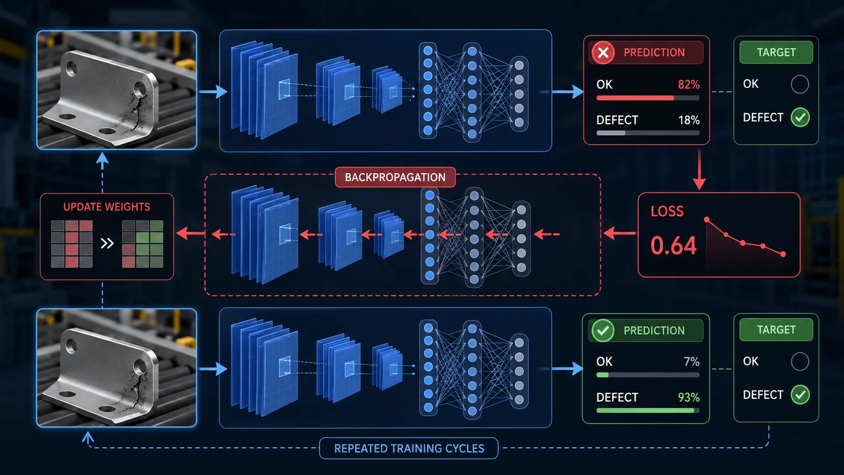 CNN training process using prediction loss and backpropagation