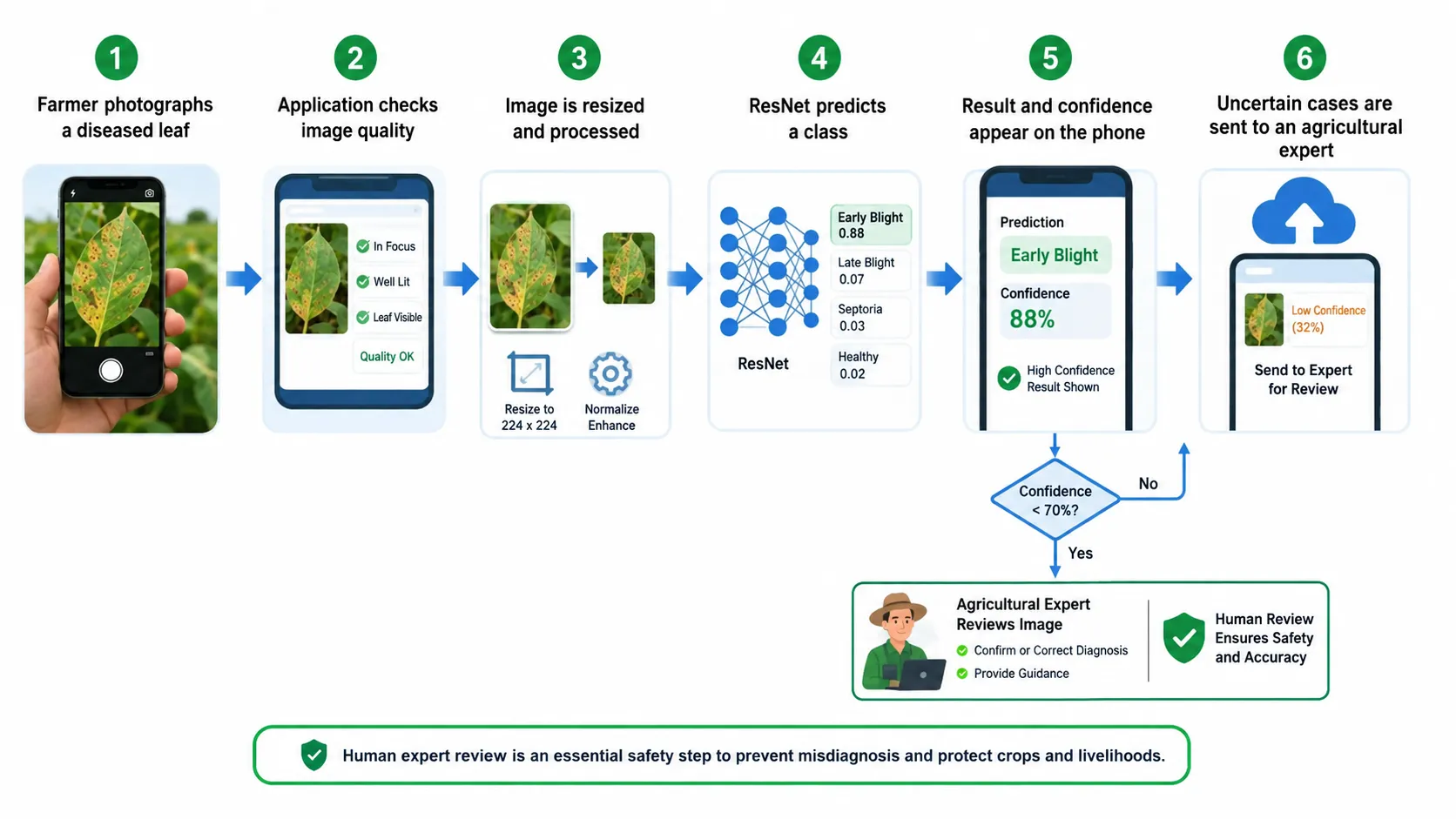Complete workflow of a ResNet-powered plant disease detection application.
