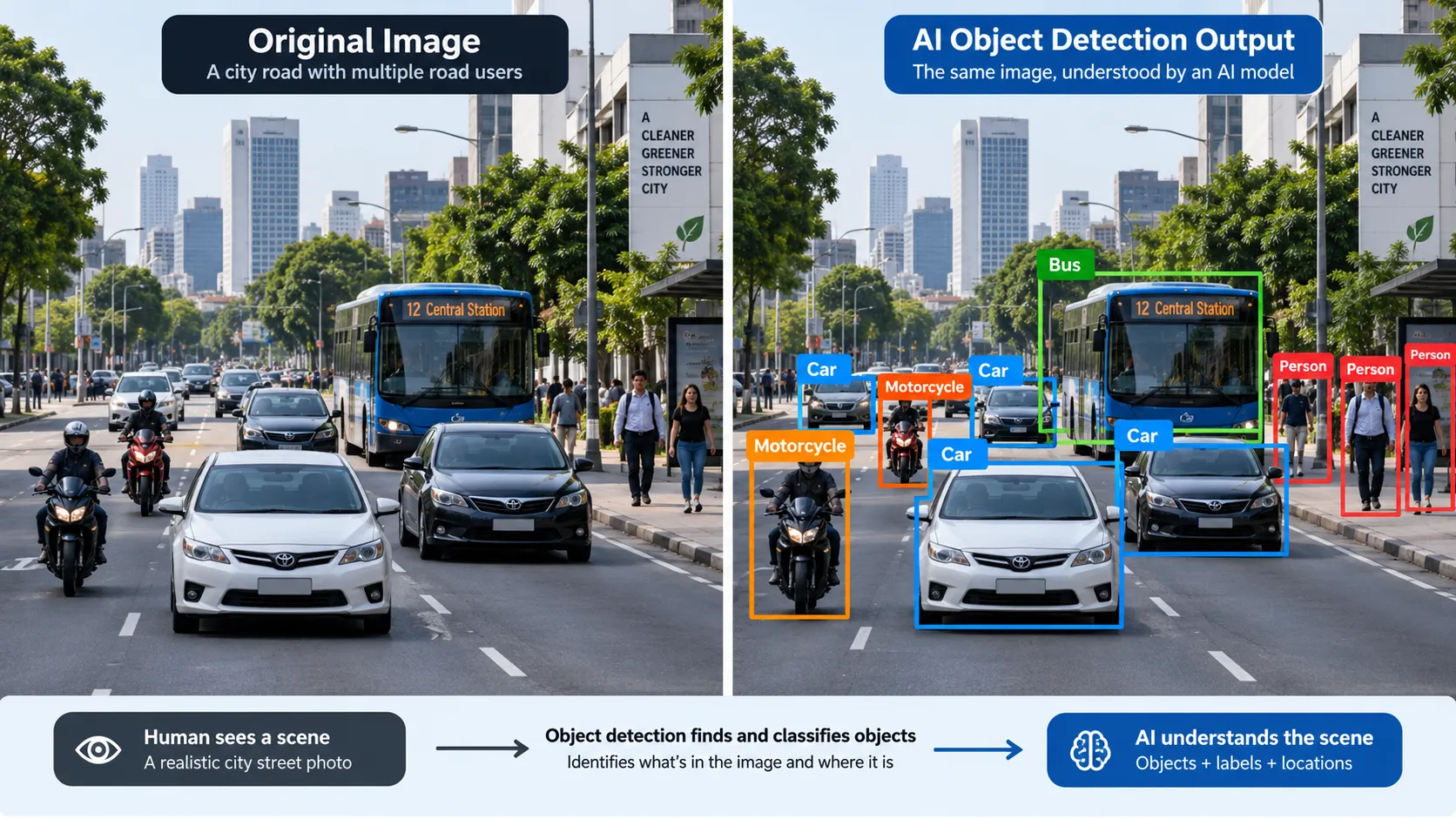 Object detection locating cars pedestrians and buses with bounding boxes