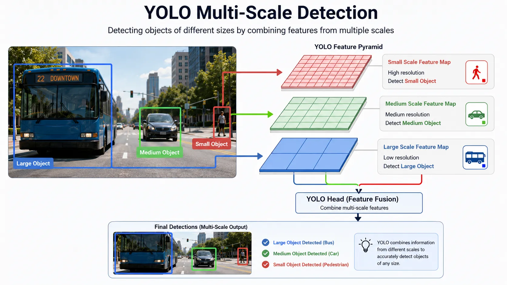 YOLO detecting small medium and large objects using multi scale features
