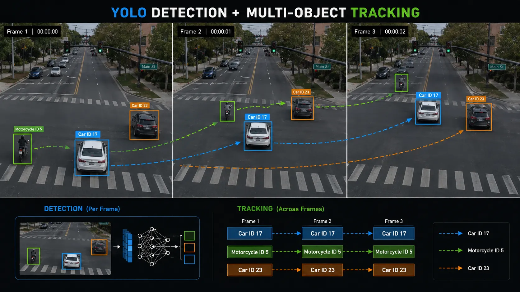YOLO object detection and tracking vehicles across traffic video frames