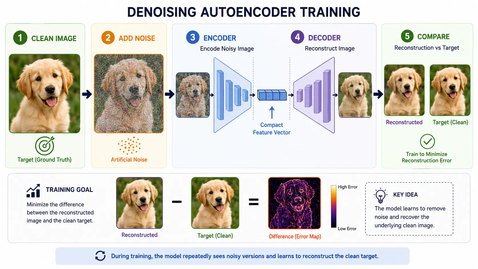 Denoising autoencoder training process with noisy image and clean target