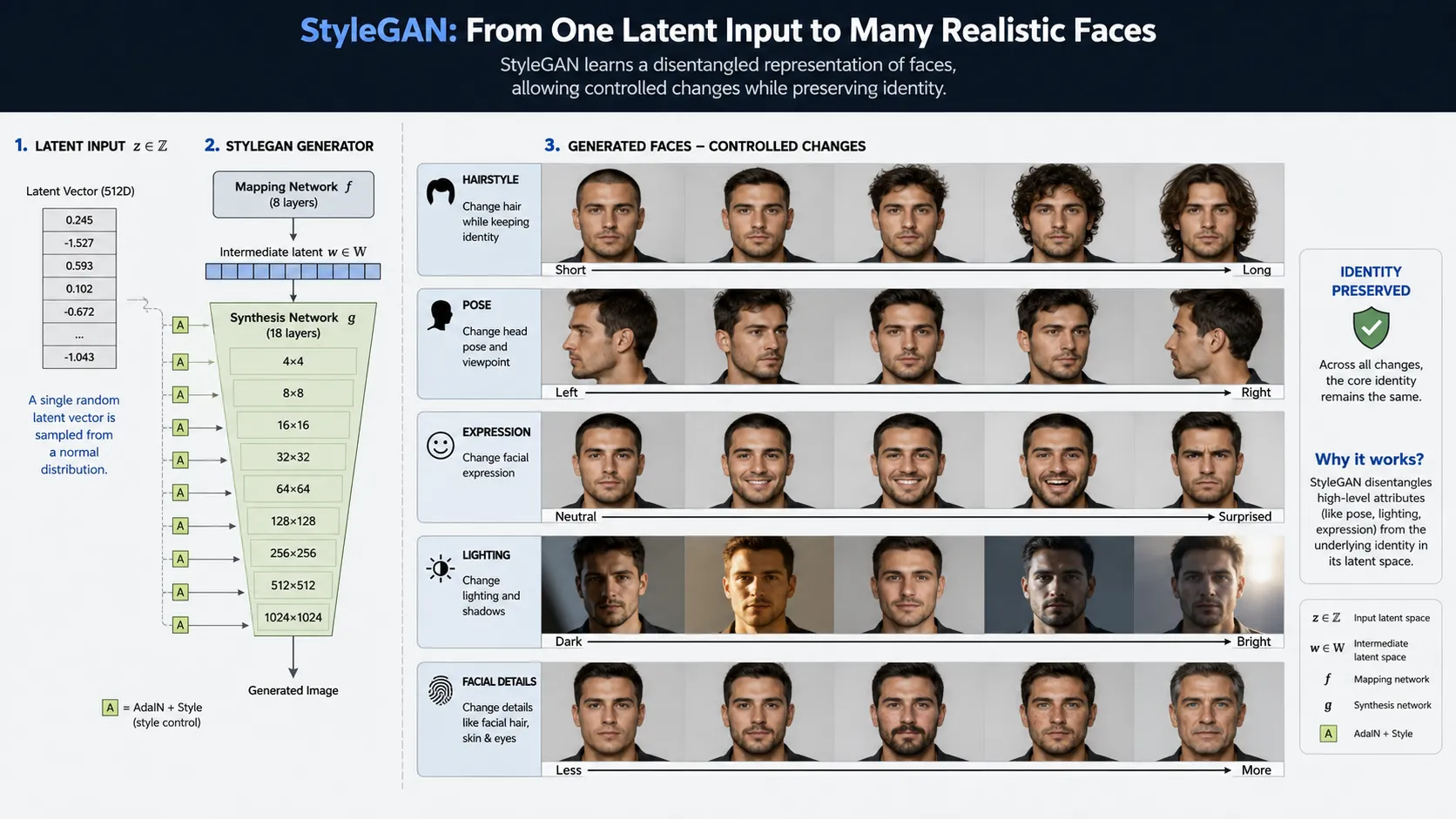 StyleGAN controlling features of synthetic human faces