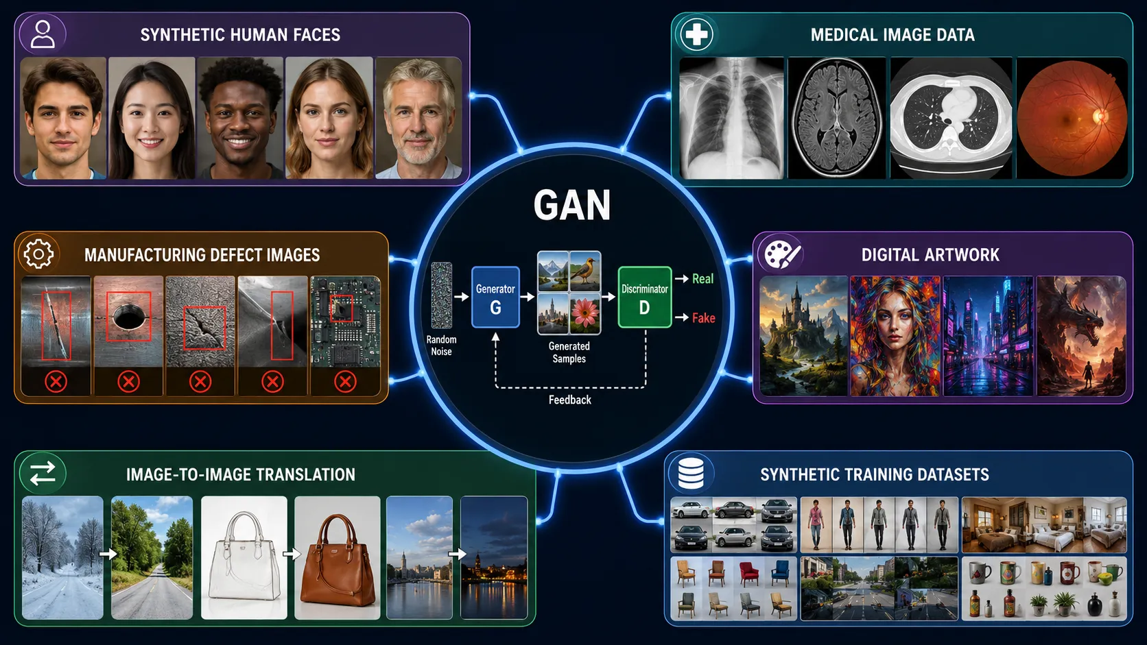 Real-world applications of GANs including synthetic data and image generation
